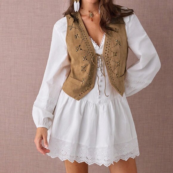 Brown Casual Women's Rhinestone Decor Western Style Front Tie Vest Jacket - Picture 8 of 8